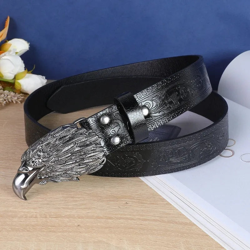 Men's imitation leather belt with electroplated cow head alloy buckle, 125 cm length
