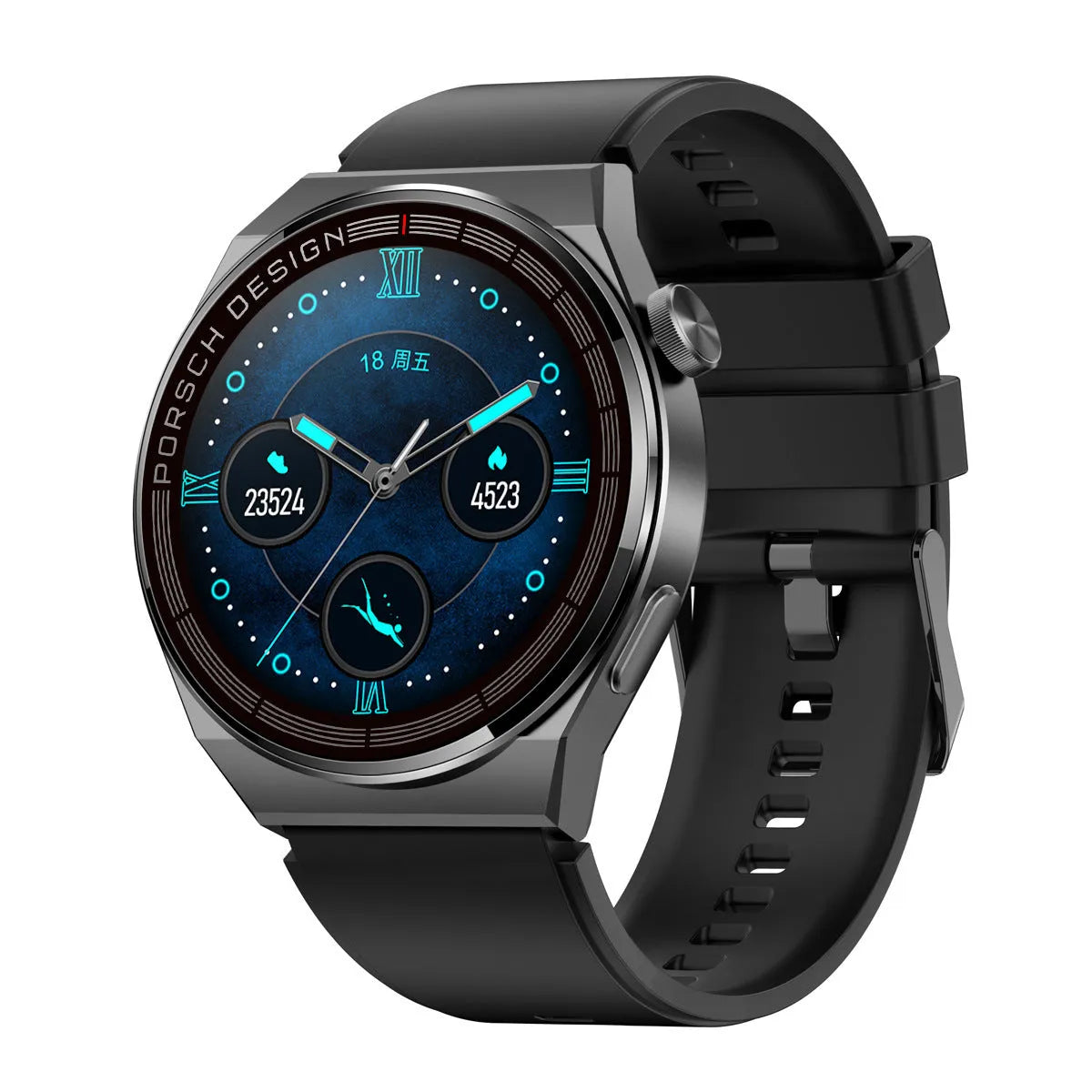 Smartwatch with 1.39 inch glass screen, black shell, black silicone strap, showing step counter screen