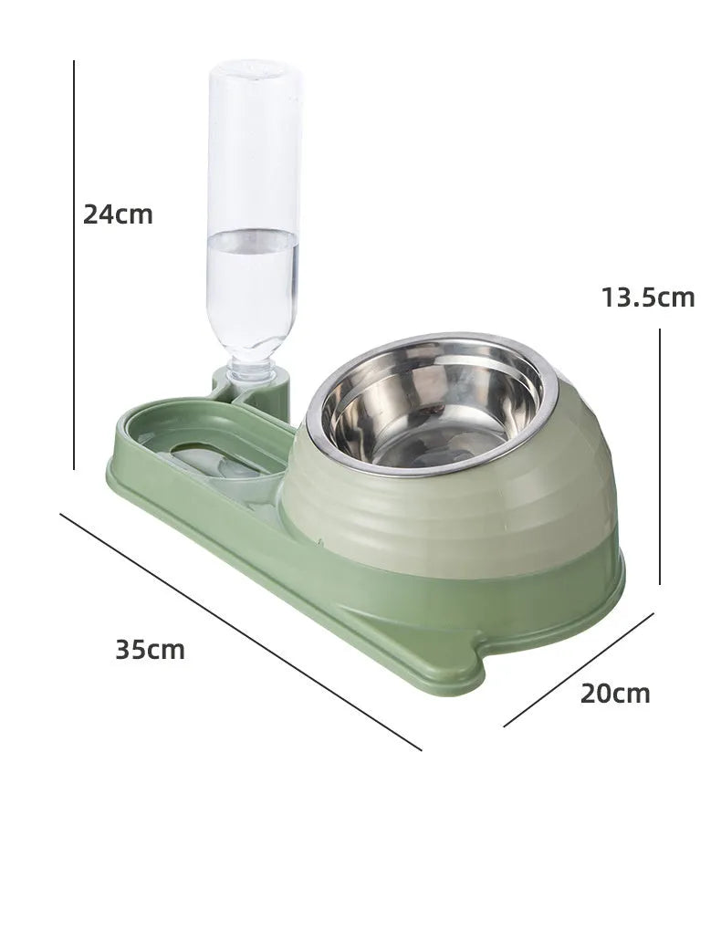 Elevated cat food bowl with water dispenser bottle in brown colour