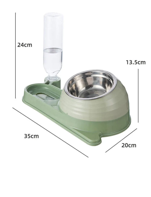 Elevated cat food bowl with water dispenser bottle in brown colour