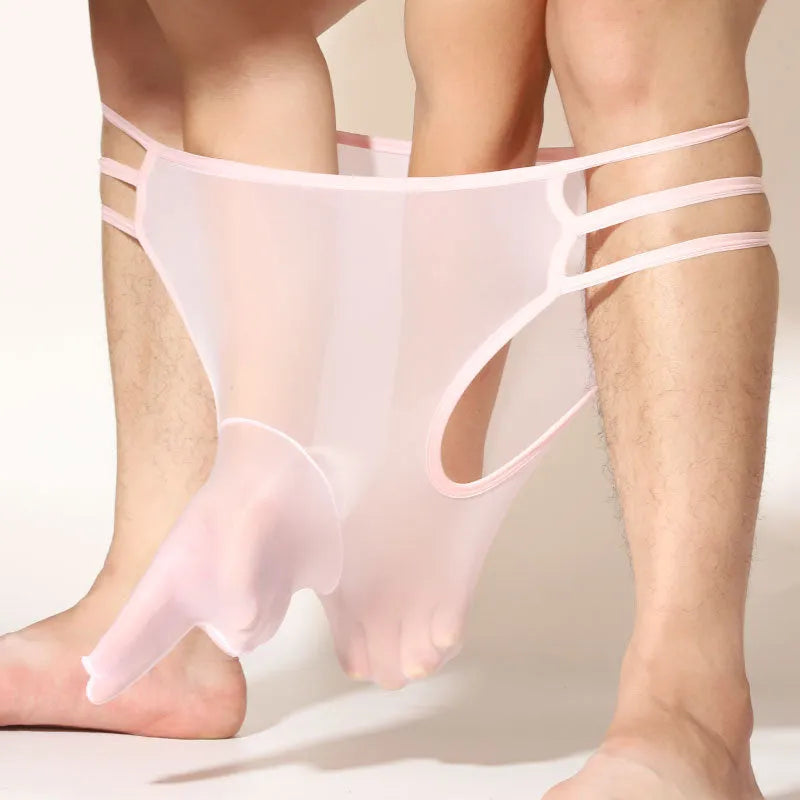 Men's transparent elephant nose shorts in stretch nylon fabric on a mid-waist model.