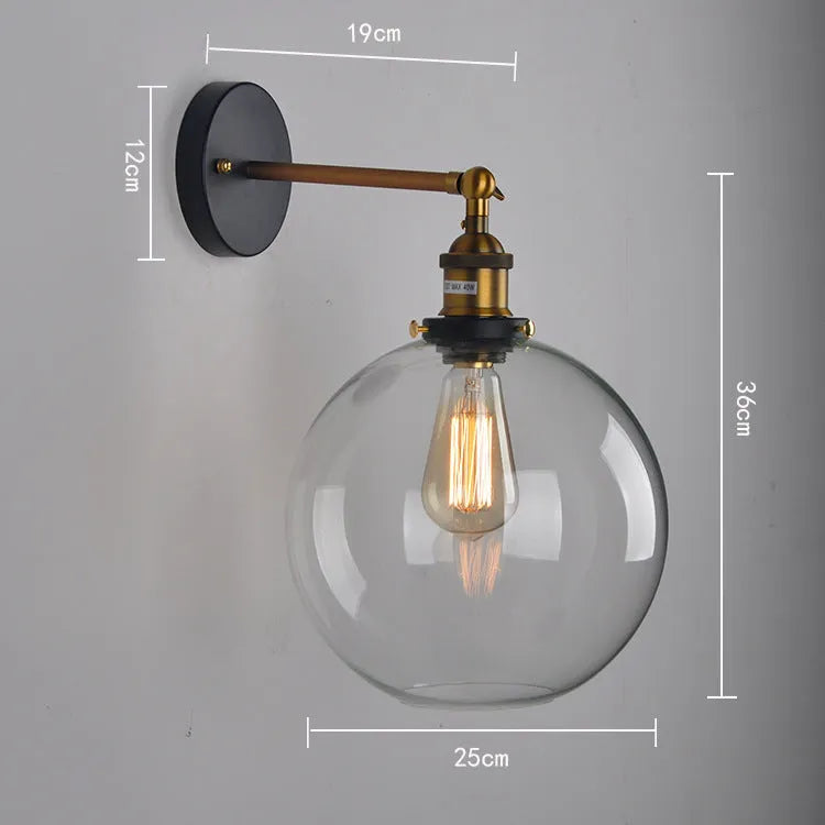 20cm round ball glass wall lamp with aluminium holder in amber, smoky grey or transparent
