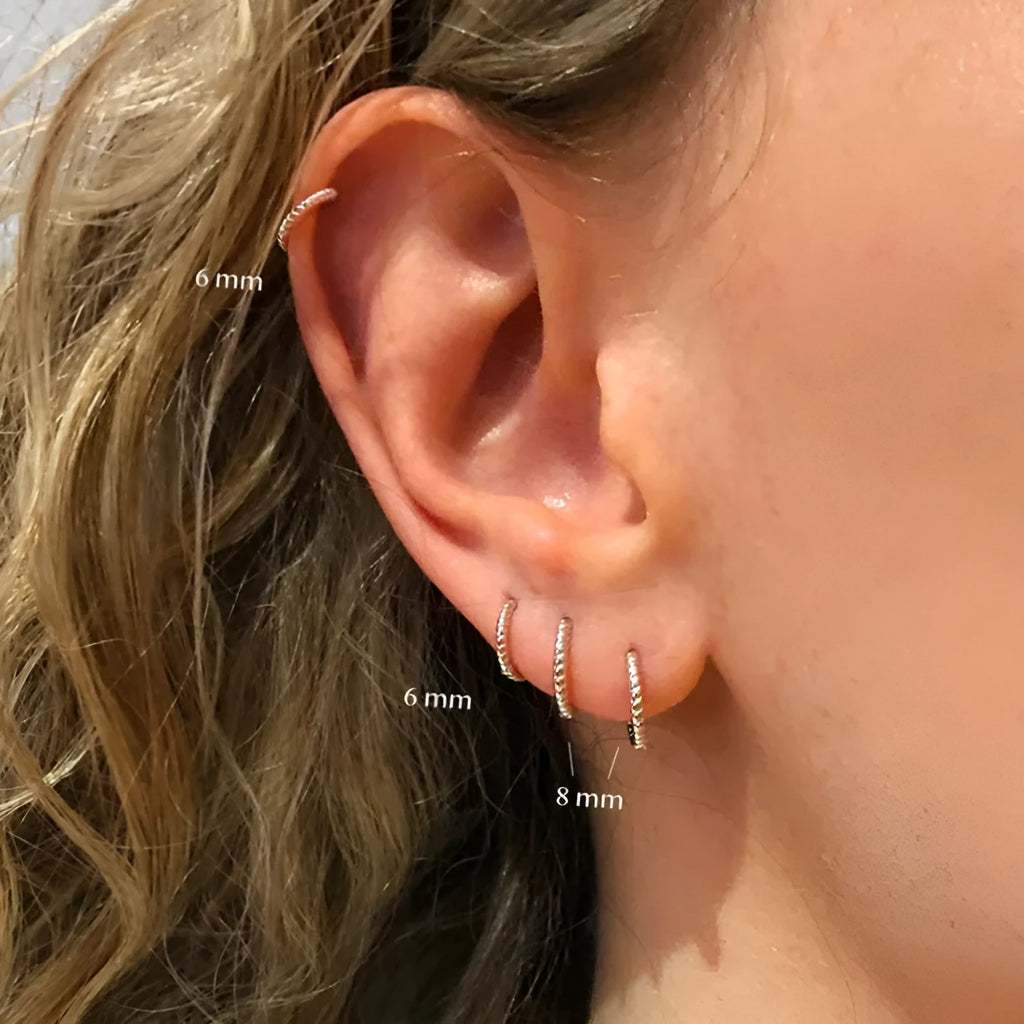 S925 Sterling Silver twisted string round ring earrings in gold or white gold plating, showing geometric design.