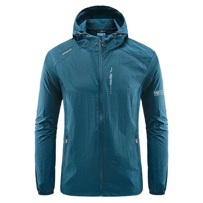 Men's thin summer hooded jacket in nylon fabric showing loose fit and available colour options