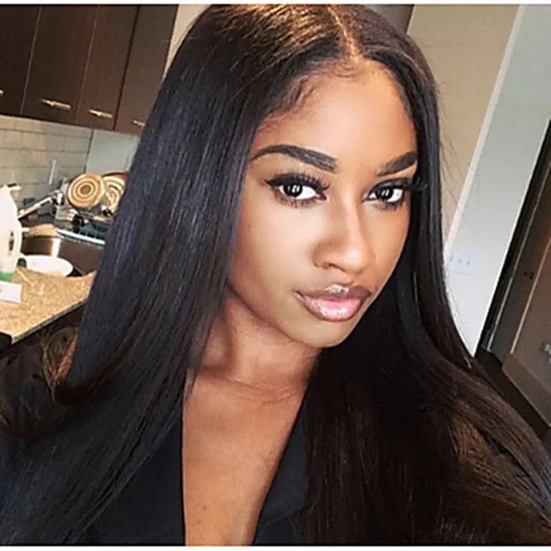 Long straight synthetic wig with centre-parted bangs in black colour