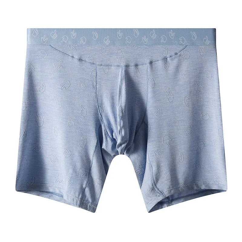 Men's lengthened modal ice silk boxer shorts with hip lifting in blue, front view