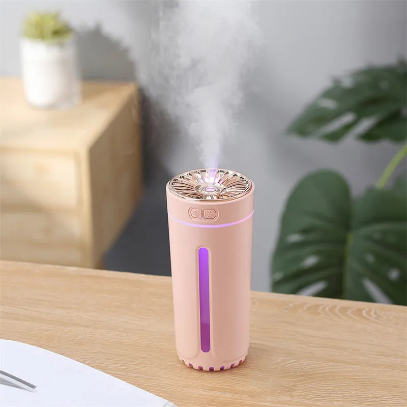 Black and white rechargeable USB humidifier with colourful lights for car and desk use.
