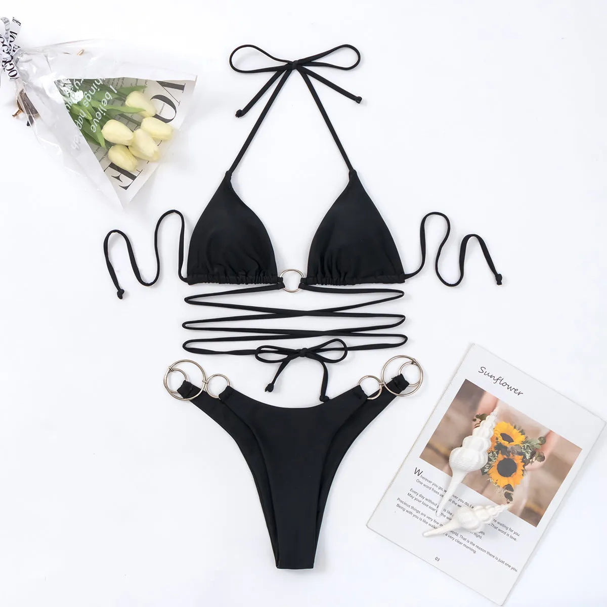 Black women's bikini swimsuit set with metal ring adjustable straps