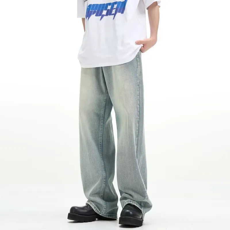 Blue retro loose casual trousers with rabbit fur fabric elastic material shown on mannequin