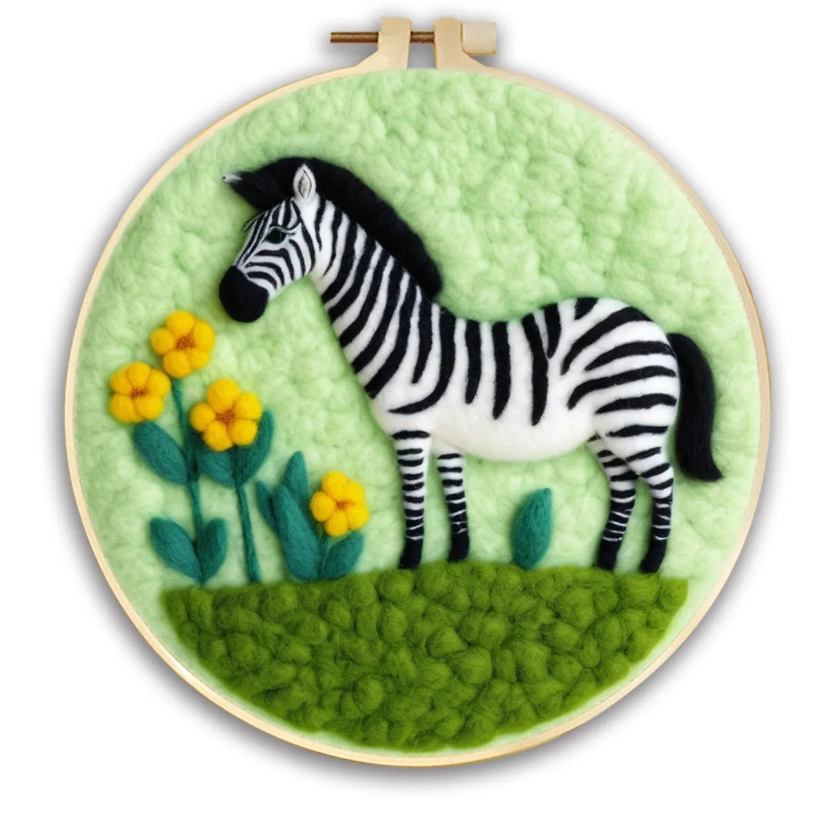 Round 20x20 cm linen embroidery kit with wool felt pieces for floral design and included embroidery frame.