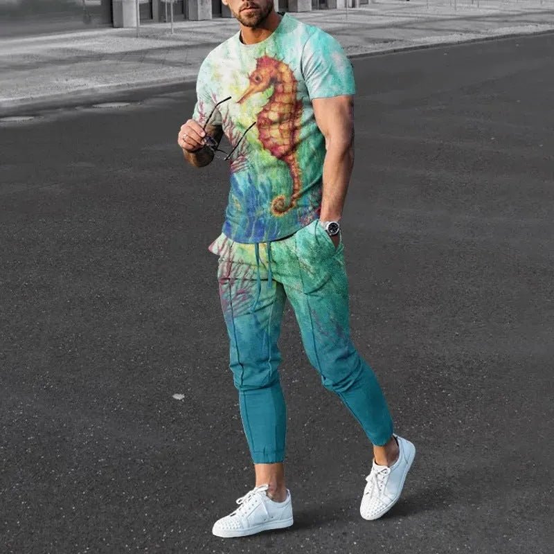 Men's slim-fit two-piece sports suit with short sleeve printed t-shirt and matching trousers in polyester blend fabric