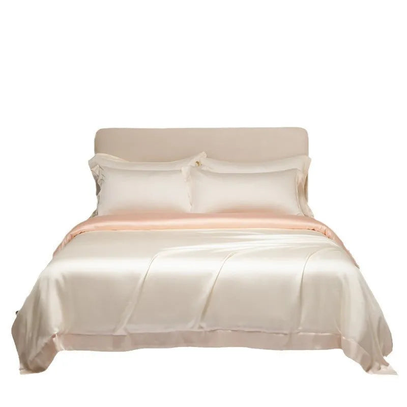 Luxury Lenzing Tencel quilt cover and pillowcase set in a modern style, showing colour options like Aurora Blue.