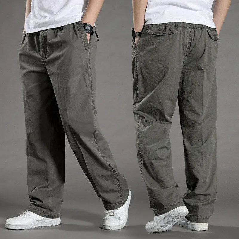 Men's cotton loose straight trousers zip placket workwear style, black colour, on model