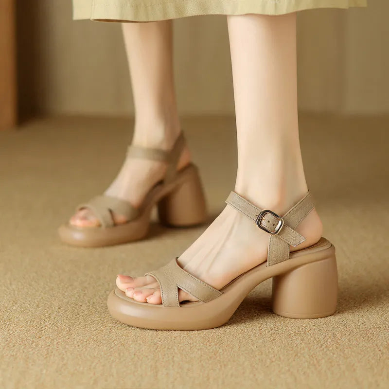Open toe platform sandals in apricot colour with round toe holder and rubber sole