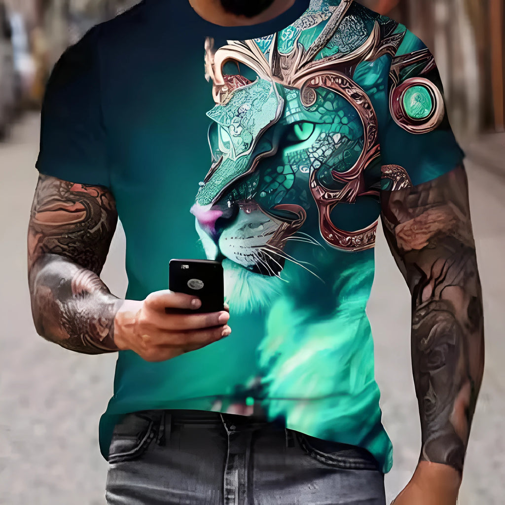 Men's black T-shirt with a large, fierce 3D lion head print on the front