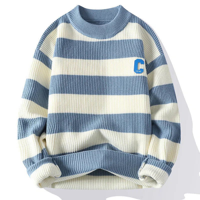 Men's autumn letter stripes mock neck sweater in gray, loose fit nylon knit pullover with long sleeves, casual style