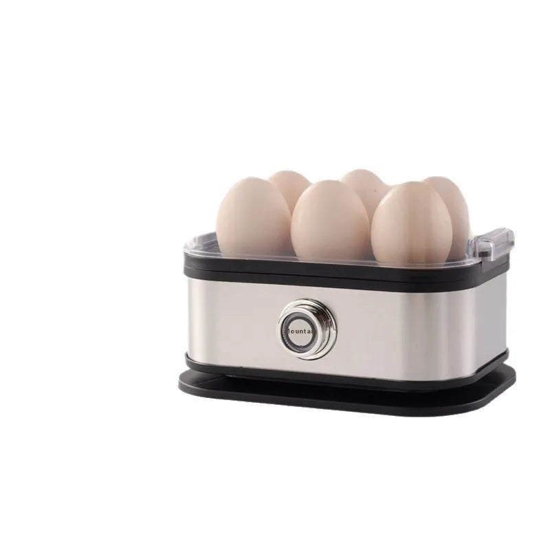 Black stainless steel portable egg boiler with a carry belt on a white background.
