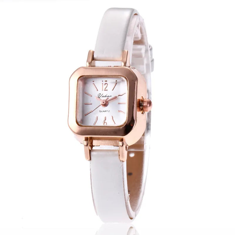 Retro style women's fashion watch with 10mm alloy case in black, white, pink, or brown.