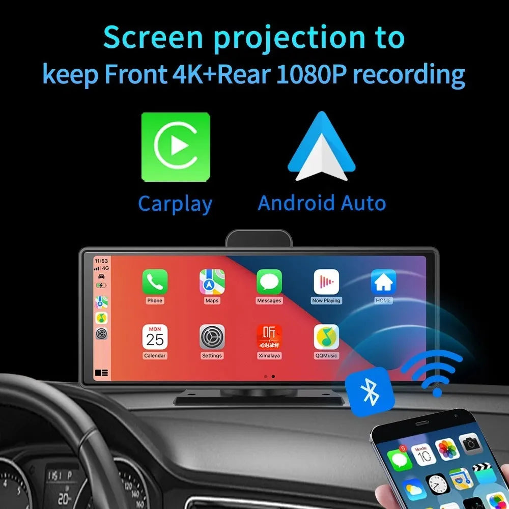 12-inch touch screen car DVR dash camera with front and rear recording on display