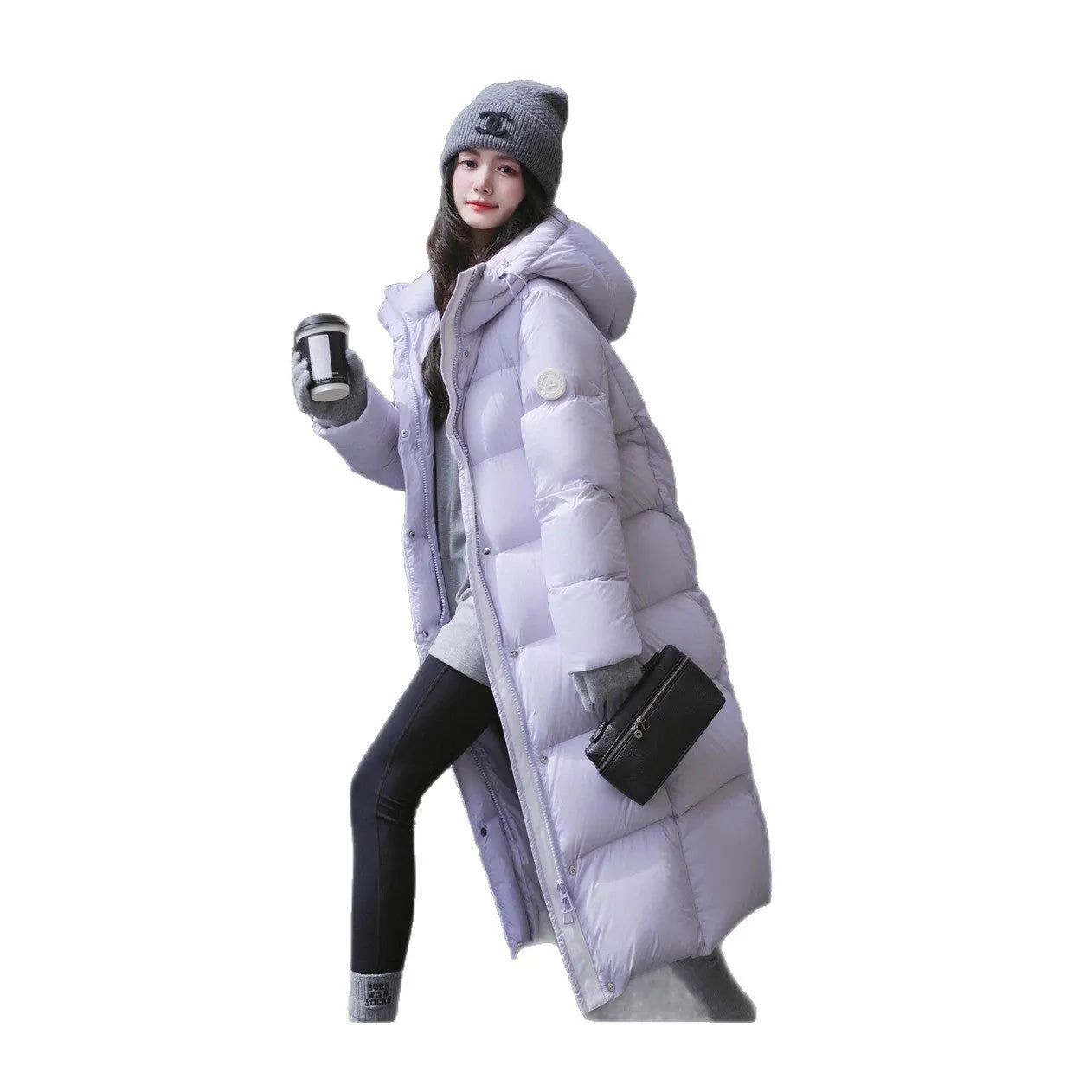 Slim fit over-the-knee down jacket for women, black colour, cotton fibre fabric, long sleeves