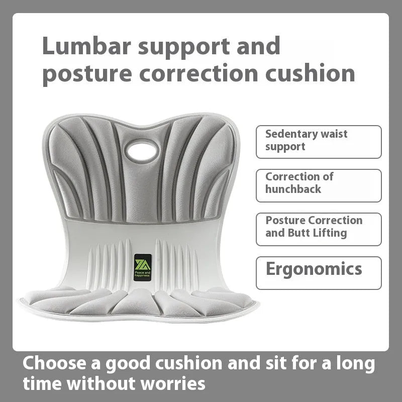 Ergonomic waist support cushion on office chair in grey colour