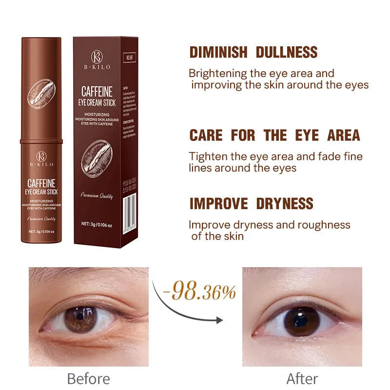 Caffeine eye cream stick in packaging, 3g net content for hydrating and reducing dark circles.