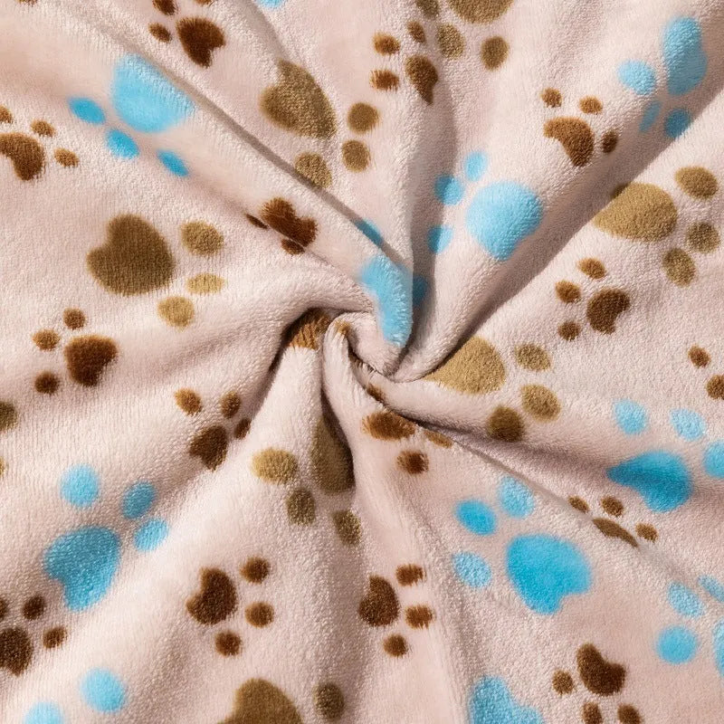 Blue dog cartoon pattern pet blanket showing double-sided flannel texture and size options