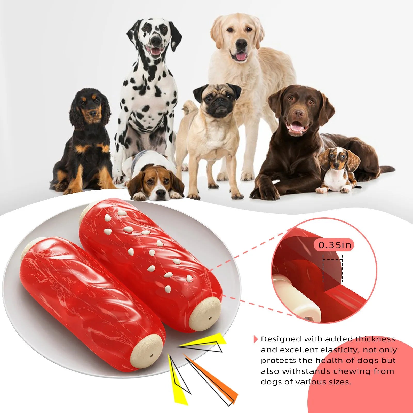 Primary coloured plastic dog toothbrush chew toy with textured molar rods containing glue-flavoured snacks