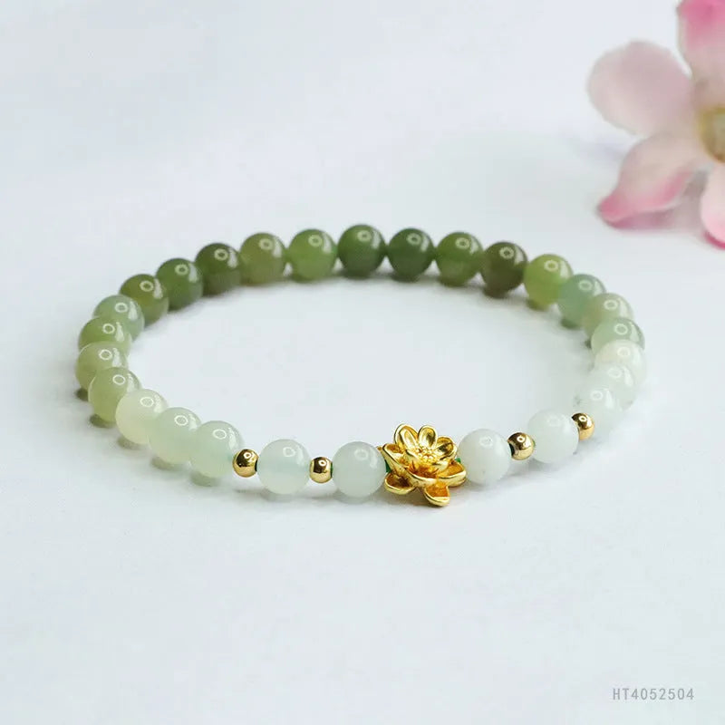 Hand-woven national style bracelet with natural Hetian jade gradient beads in floral pattern design