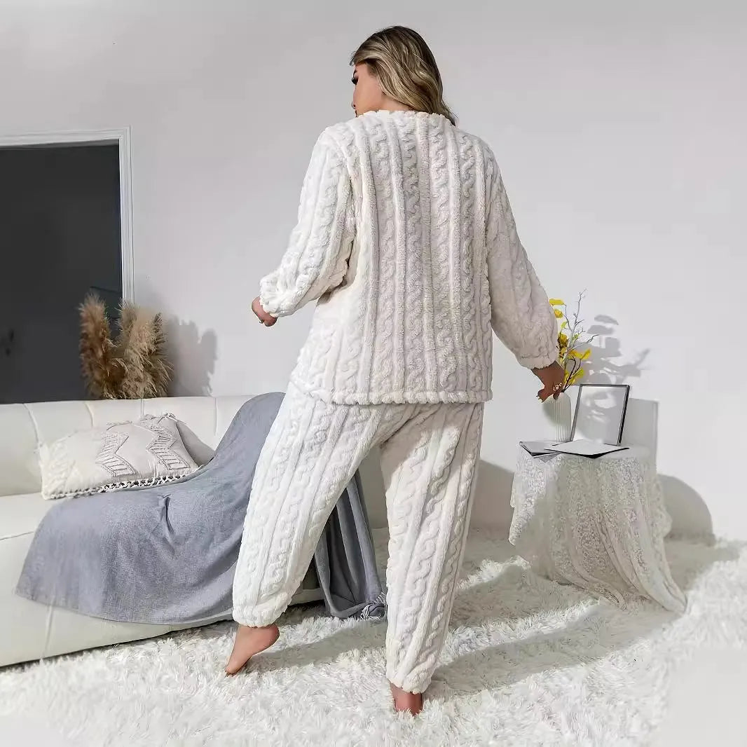 Women's milky white plush polyester two-piece pants set with crew neck top and matching trousers