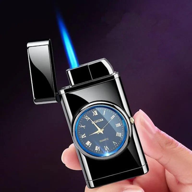 Multifunctional electronic watch cigarette lighter with LED lamp in metal body showing different finish options