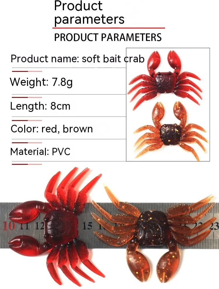 8cm PVC software crab fishing lure in brown or red crab colour for saltwater and freshwater fishing