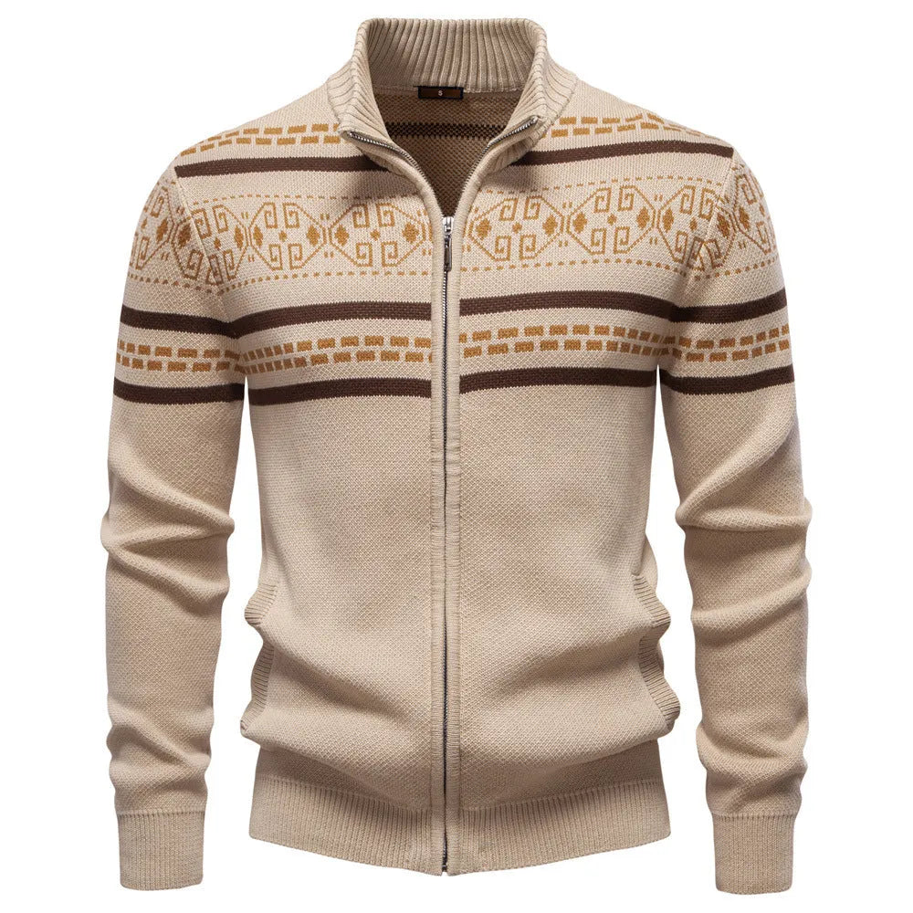 Men's cotton zipper knitted jacket in slim fit, army green colour, shown front view