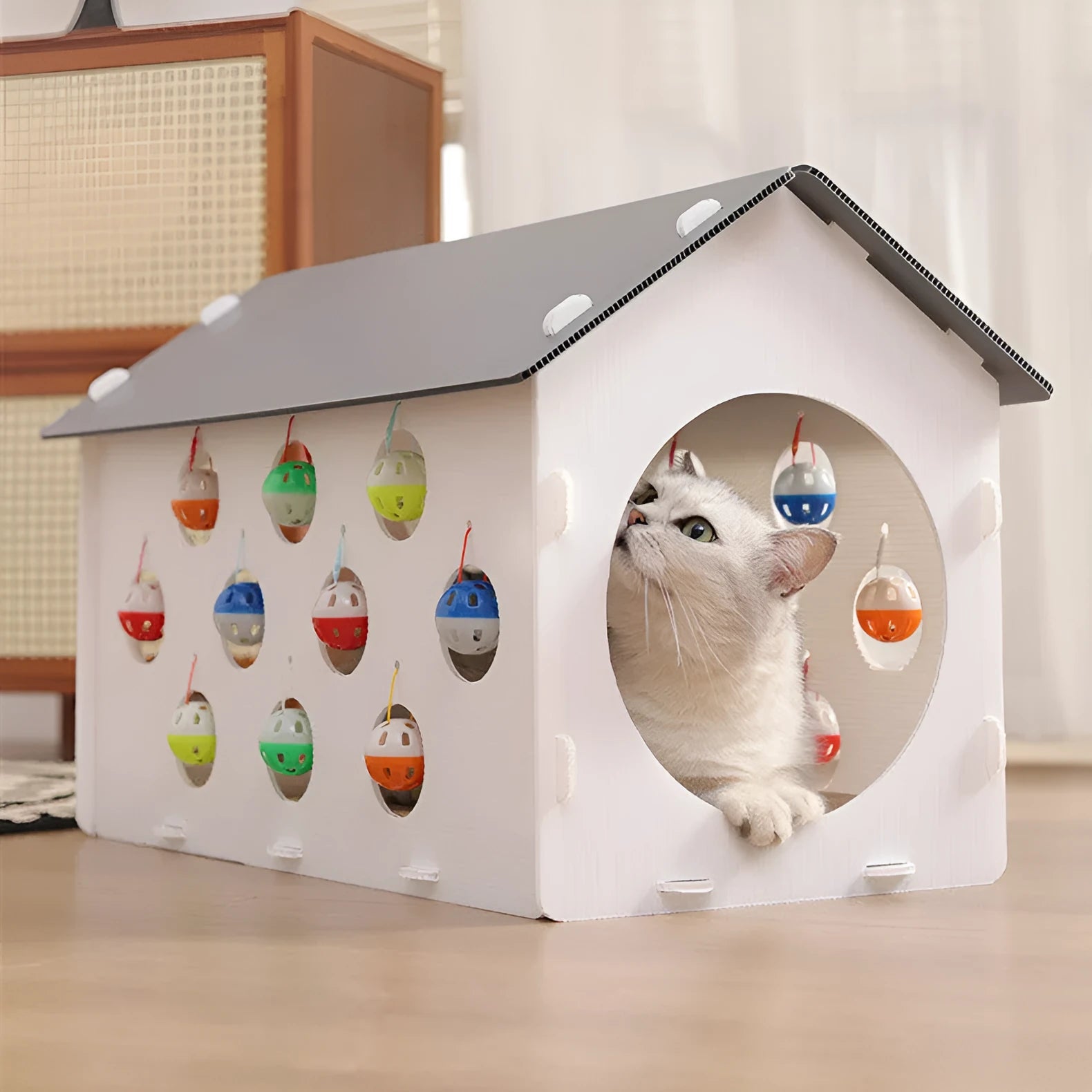 Plastic cat scratch board and nest integrated toy with bell ball tunnel