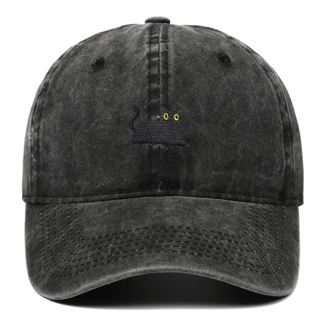 Black cat embroidered washed baseball cap in black, cotton fabric, adjustable size, dome crown style