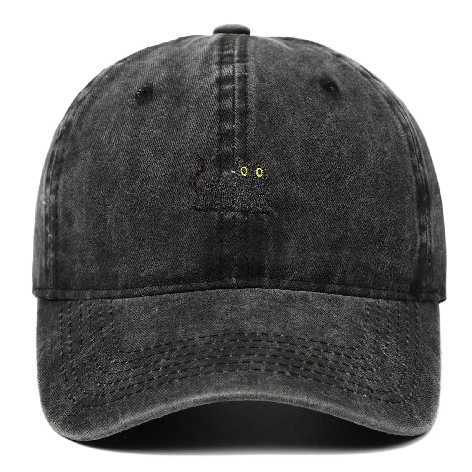 Black cat embroidered washed baseball cap in black, cotton fabric, adjustable size, dome crown style