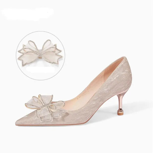 Champagne gold crystal sequined stiletto heel pumps with pointed toe for wedding banquets
