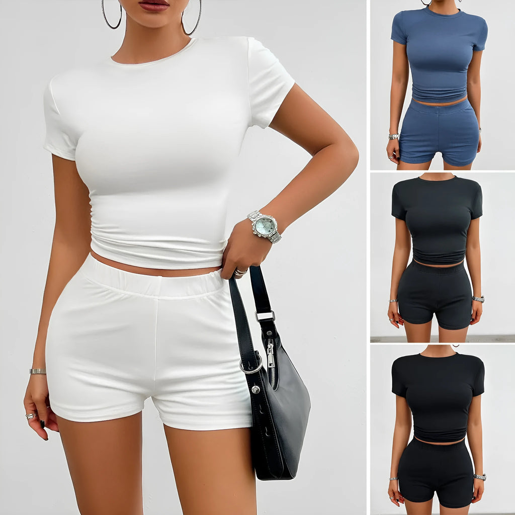 Women's solid colour slim sports suit two-piece set with short sleeve top and elastic shorts