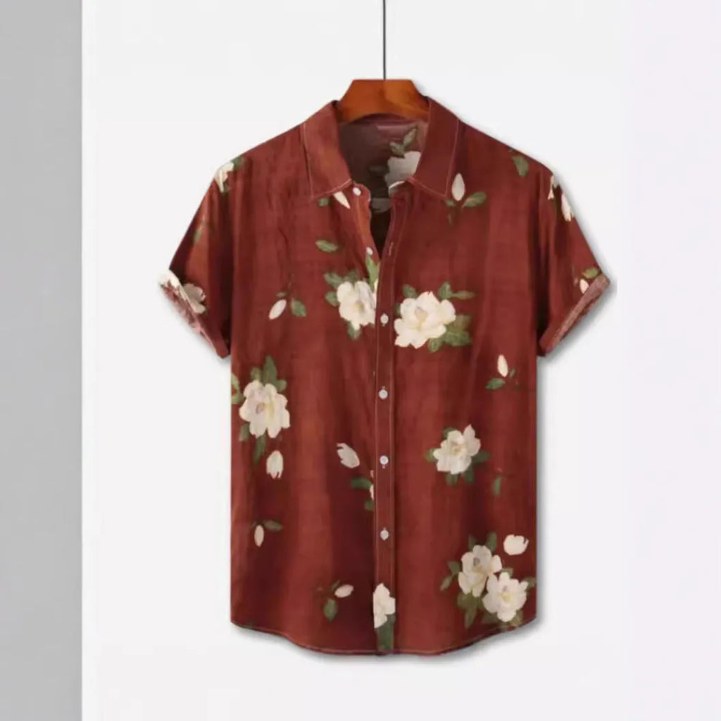 Hawaiian floral print short sleeve cardigan shirt with elastic polyester fabric in multiple colour options