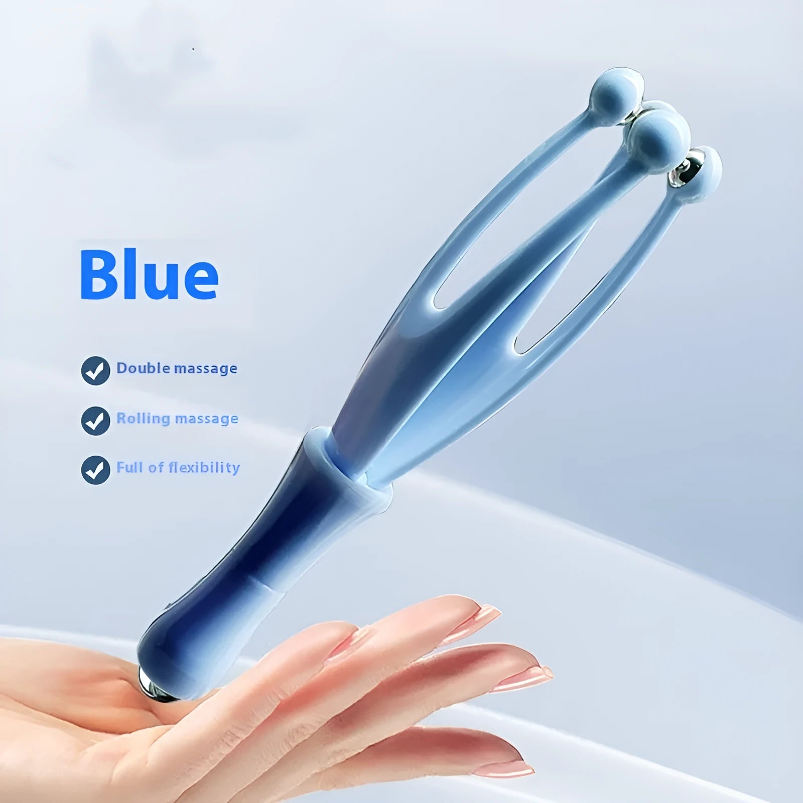 Blue and white finger massager roller with chrome steel balls for hand therapy