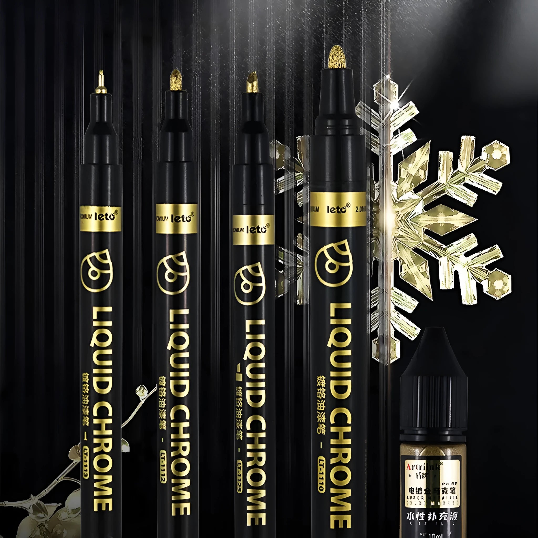 Metal mirror chrome plated marker pen with reflective metallic tip on a smooth surface