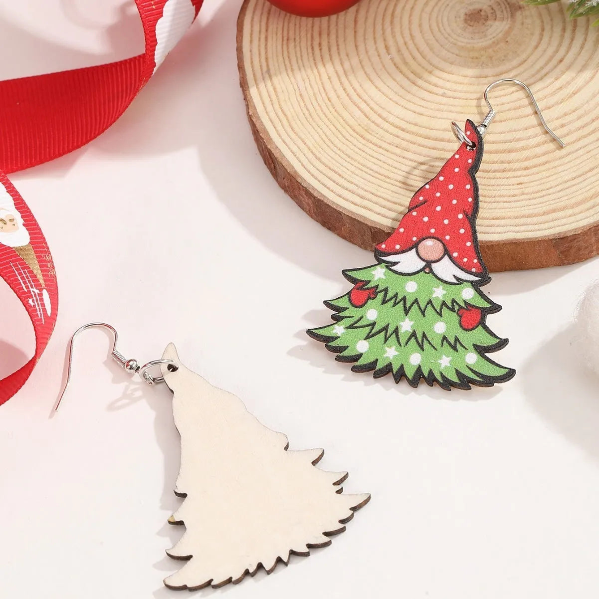 Wooden Christmas earrings with printed tree and snowman designs