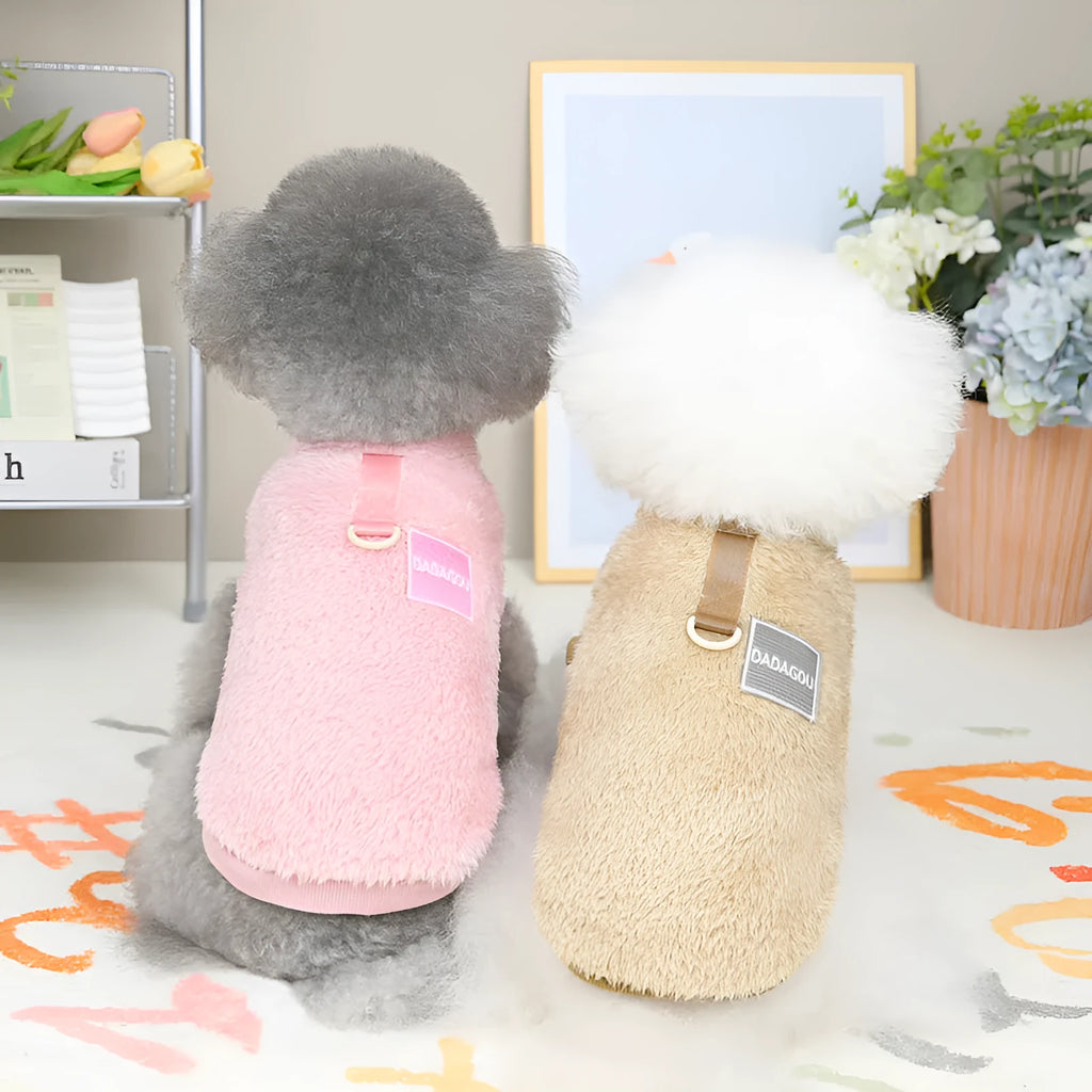 Coral fleece pet dog jacket with multi-colour pull rings in blue.