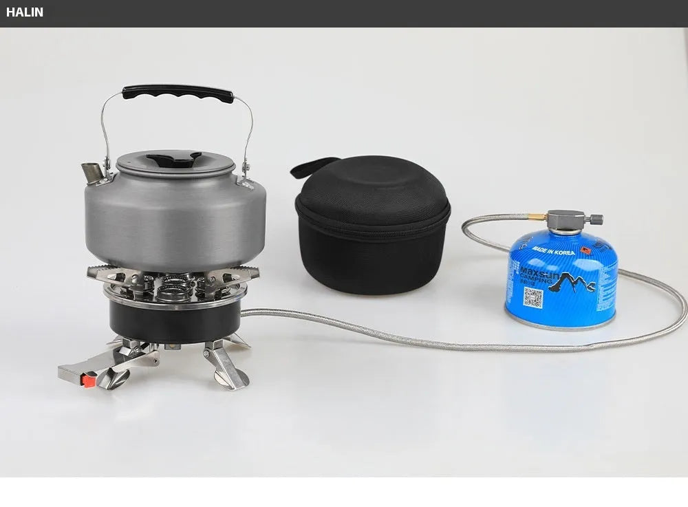 Silver portable split camping stove with stainless steel and copper construction, shown with 100cm hose.