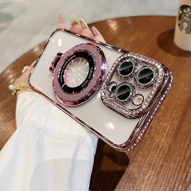 Electroplating gradient magnetic suction phone case for iPhone 15 16 with silicone shockproof bracket