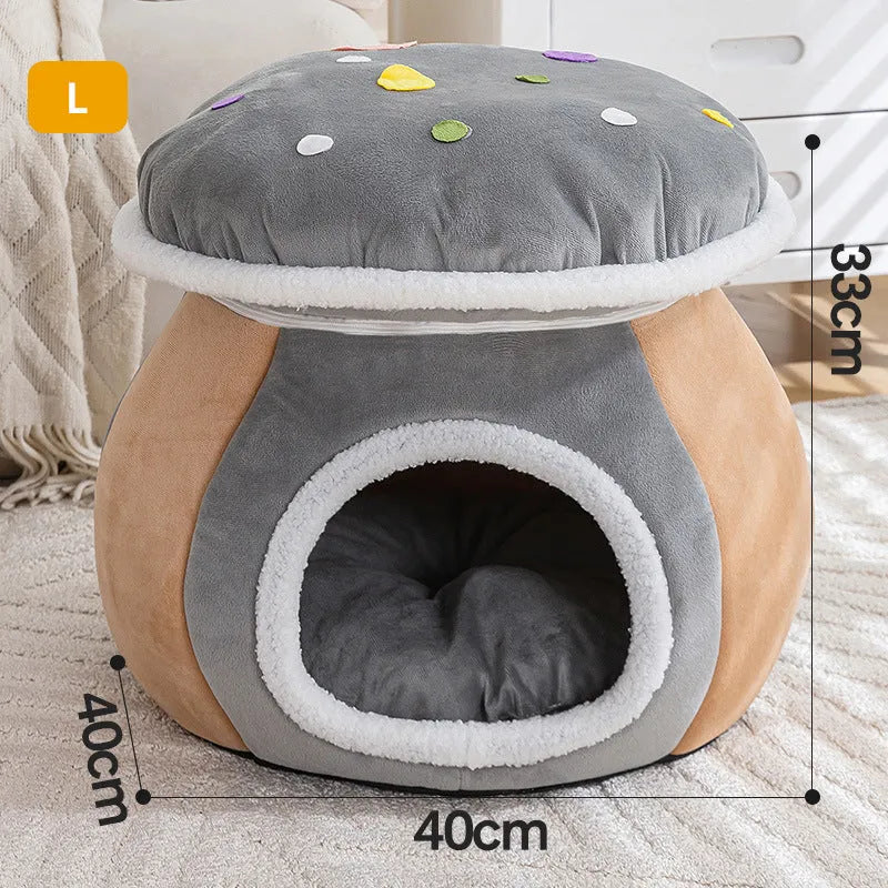 Grey mushroom-shaped plush cat bed nest for small pets on a white background.
