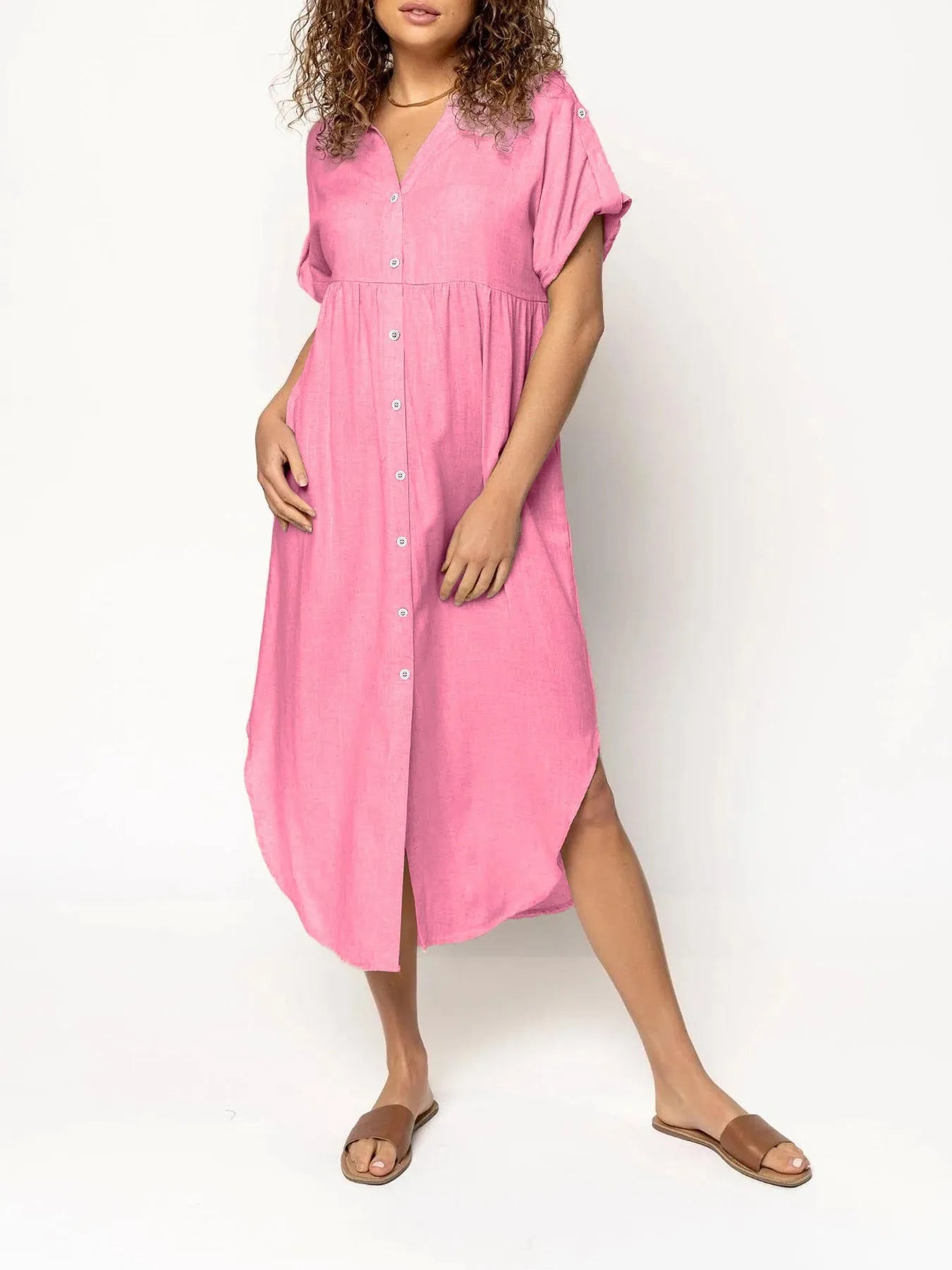 Button-front mid-length casual dress in solid colours with regular sleeves and polyester fabric