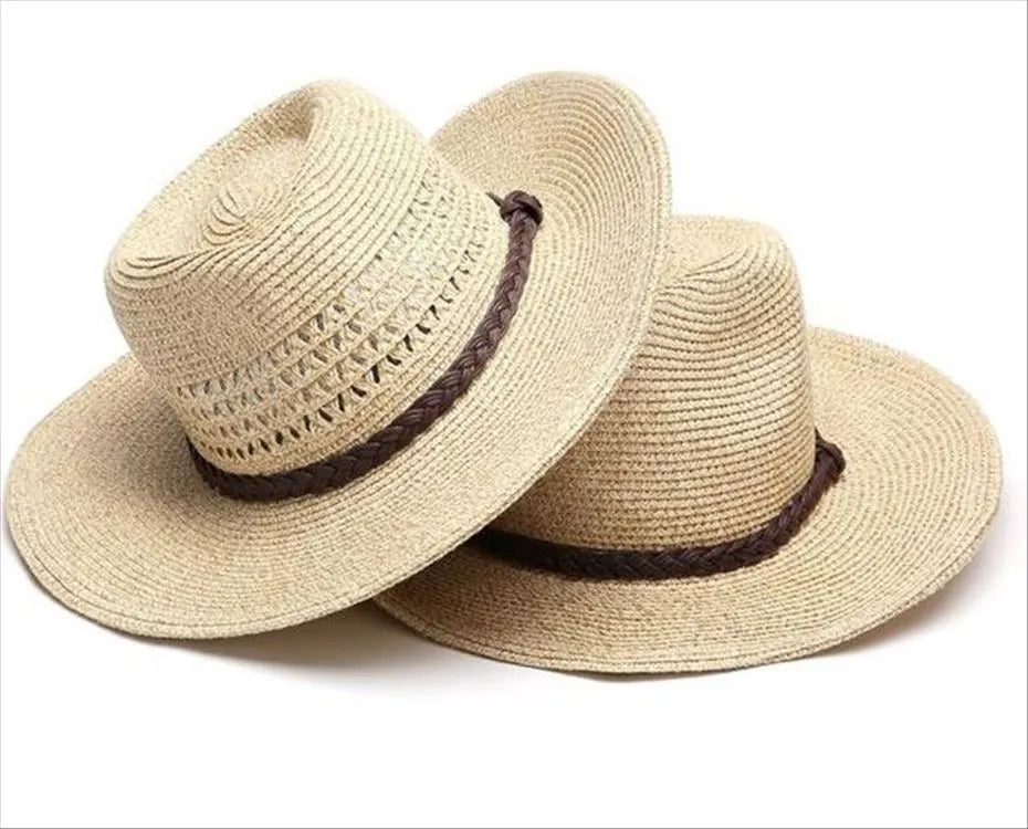Men's foldable straw sun hat with wide brim in beige colour shown in medium size