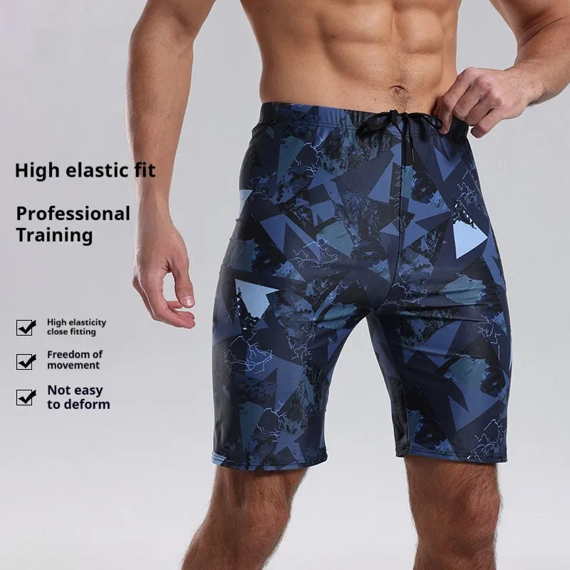 Blue men's knee-length polyester boxer swimming trunks for sports and water activities