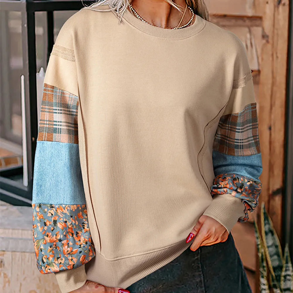 Women's apricot and red plaid stitch long sleeve loose fit casual pullover top